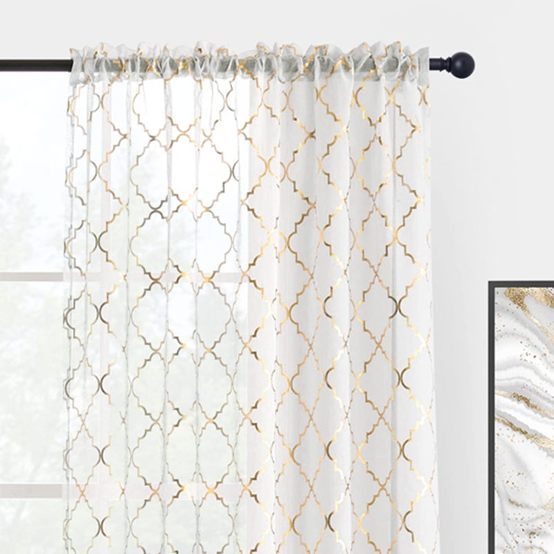 Kotile White and Gold Sheer Curtains 63 Inch Length 2 Panels Set Gold Metallic Pattern Glitter Sheer Curtains for Bedroom, Rod Pocket Light Filtering Shimmer Ogee Sheer Curtains, W52 x L63 Inch - Image 3